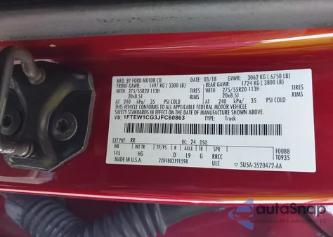 2018 Ford F150 Lariat из США, поврежденный, VIN 1FTEW1CG3JFC60863